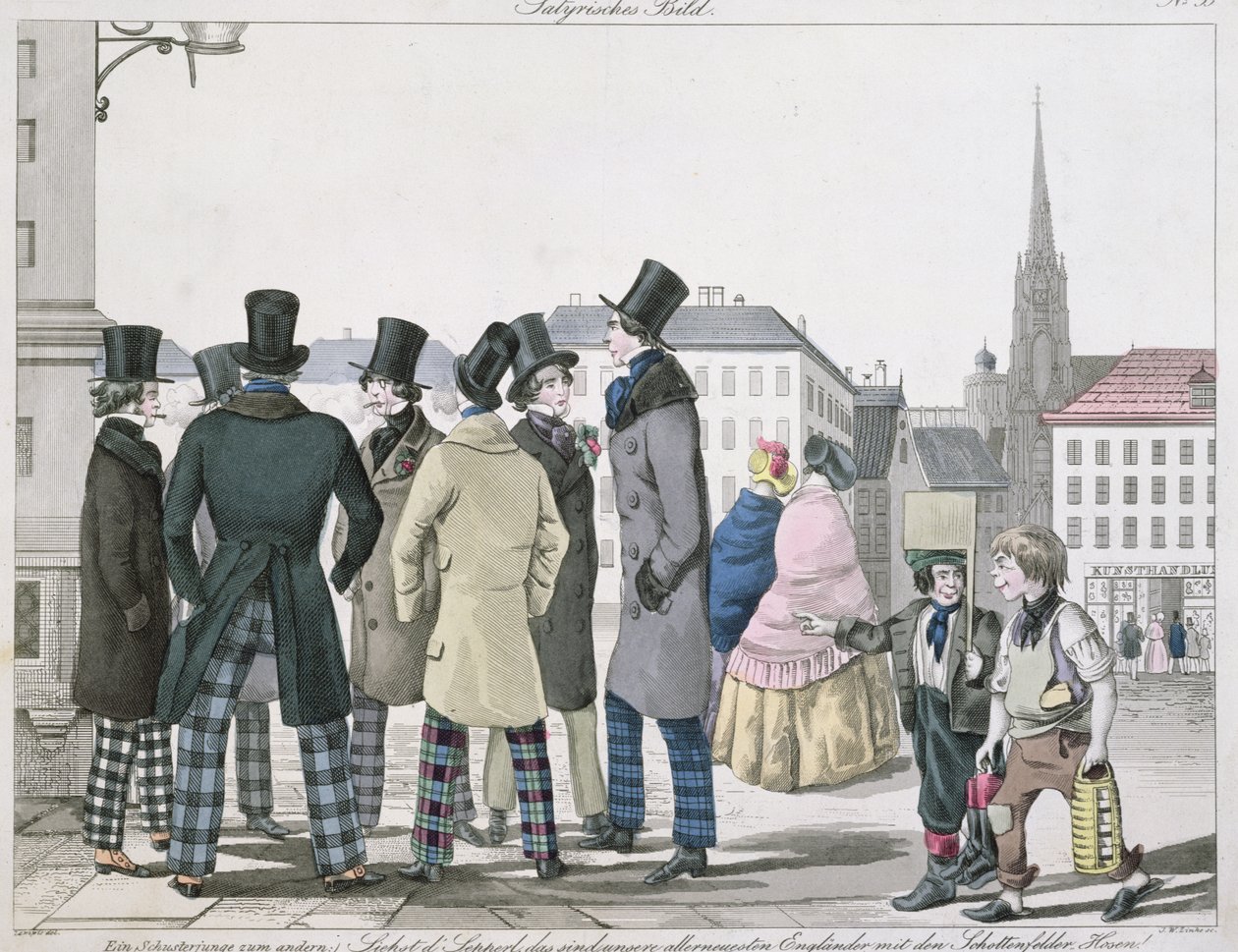 Eleganccy mężczyźni w szkockich spodniach na ulicach Wiednia, grawerowane przez JW Linke, c.1840 autorstwa Lempis