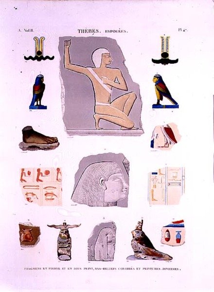 Ant akmens ir medinių fragmentų tapytų reljefų iliustracijos Hipogees, Thebes 47 plokštė iš „Egipto aprašymai“ II tomo, išraižyta LeRoypolio autorstwa Lenoir (after)