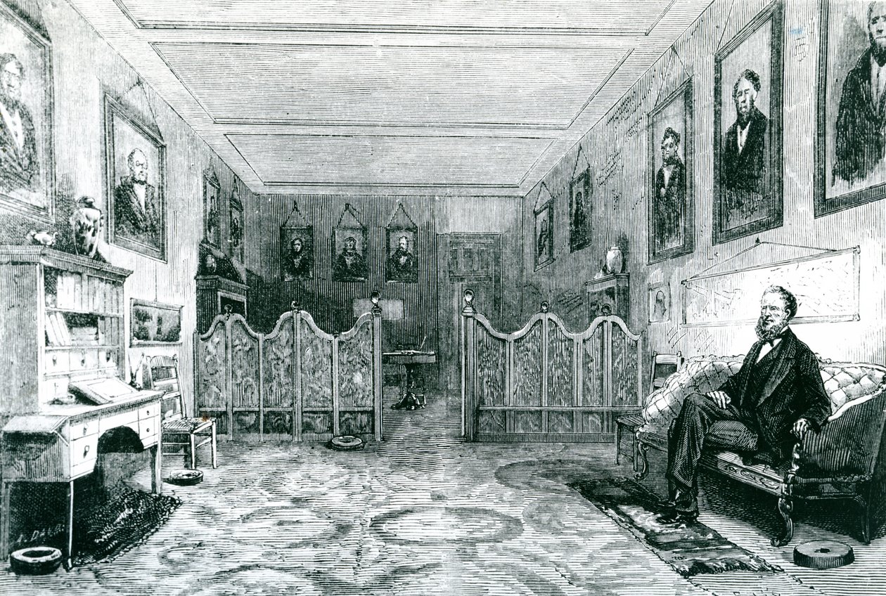 Brigham Young (1801-77), arcykapłan mormonów w swoim studium, ilustracja z Le Monde Illustre, opublikowana w 1871 r. autorstwa Leo after Nye