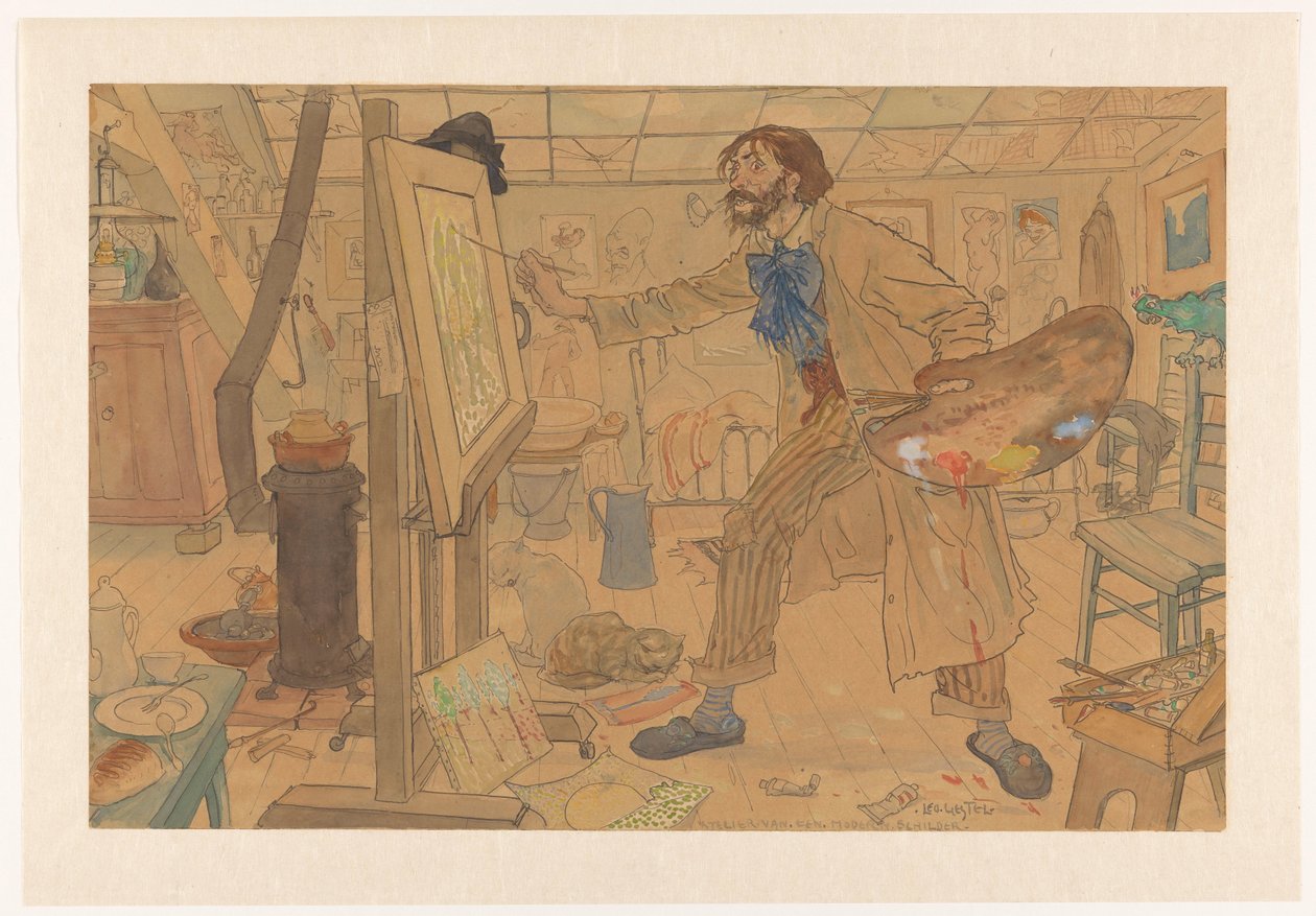 Pracownia malarza współczesnego (oryginalny tytuł na obiekcie) autorstwa Leo Gestel (signed by artist)