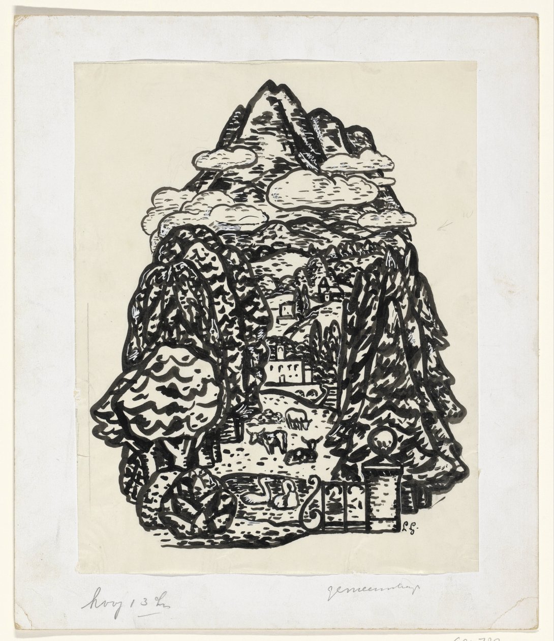 Górski krajobraz z drzewami i bydłem autorstwa Leo Gestel (signed by artist)