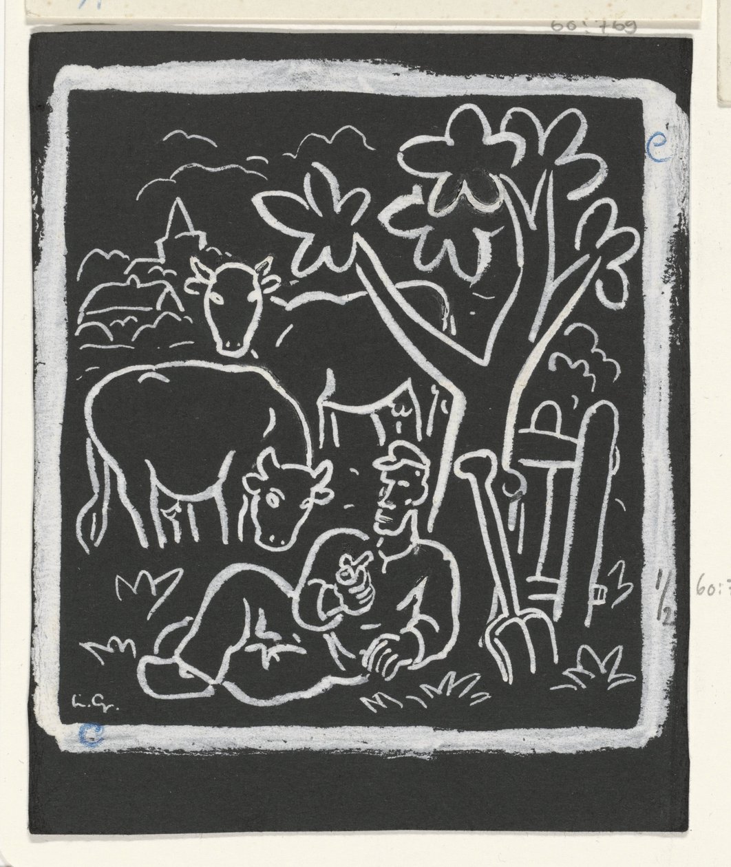 Rolnik odpoczywa pod drzewem na łące z krowami autorstwa Leo Gestel (signed by artist)