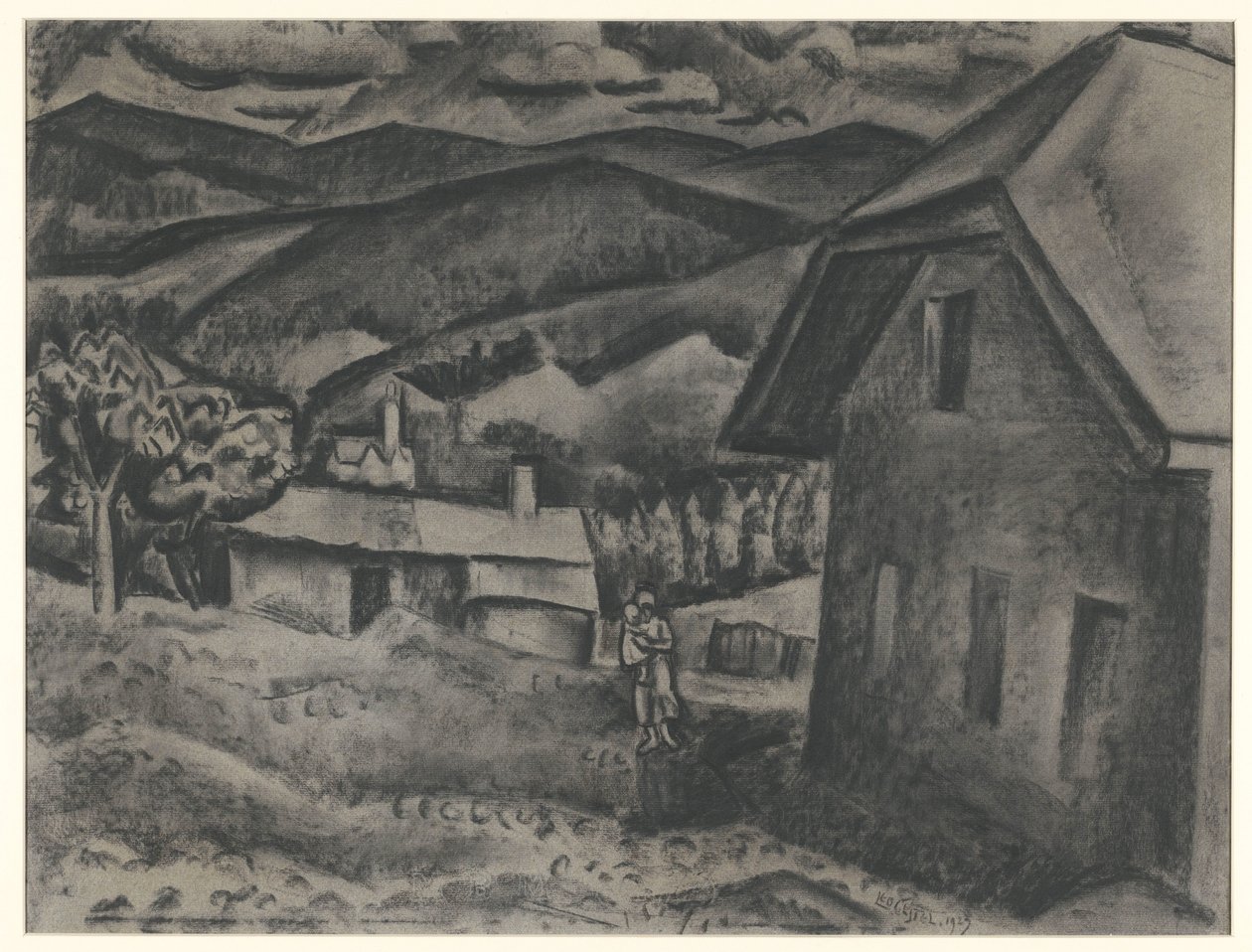 Krajobraz z kobietą z dzieckiem przed domem autorstwa Leo Gestel (signed by artist)
