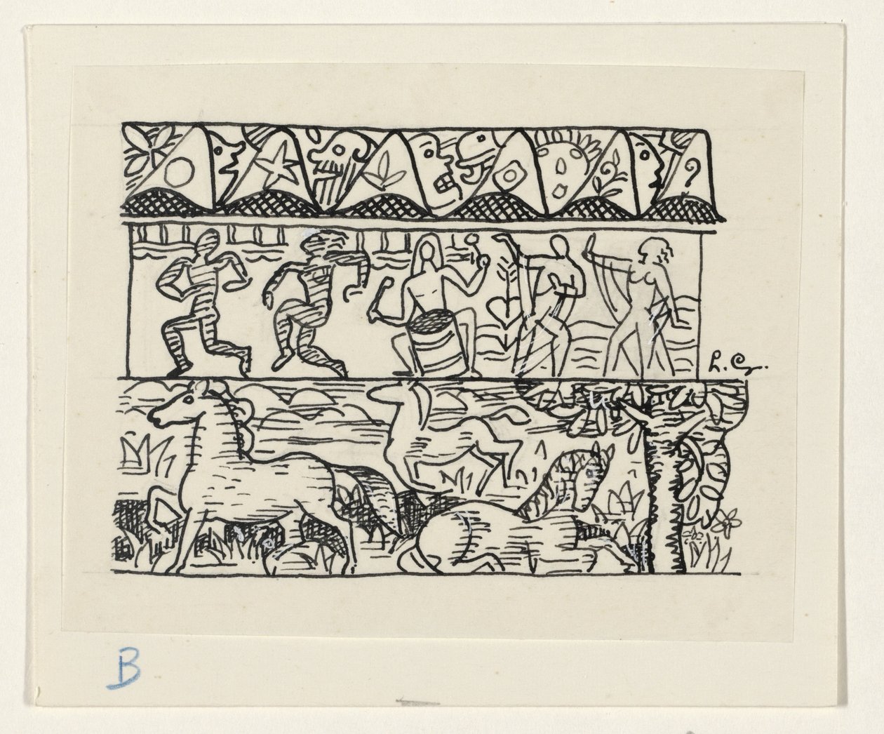 Konie, tańczący ludzie i maski autorstwa Leo Gestel (signed by artist)