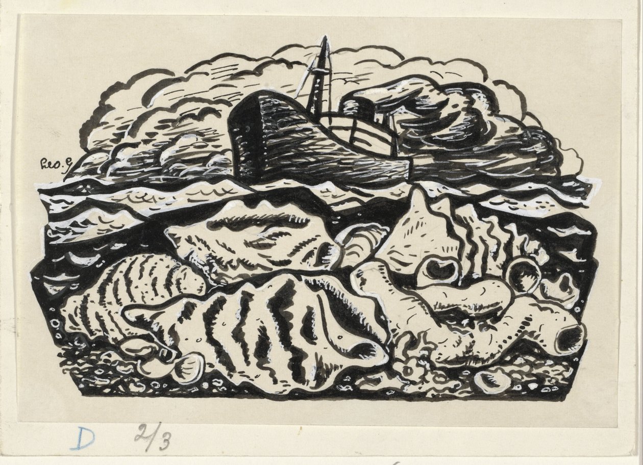Parowiec na morzu z muszlami na plaży autorstwa Leo Gestel (signed by artist)