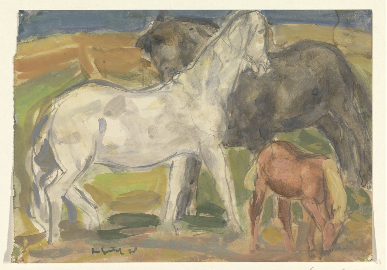 Dwa konie i źrebię w krajobrazie autorstwa Leo Gestel (signed by artist)