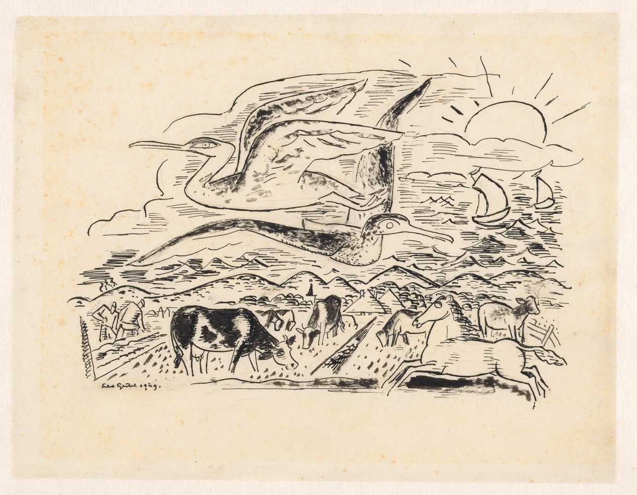 Dwa ptaki przelatują nad krajobrazem z bydłem autorstwa Leo Gestel (signed by artist)