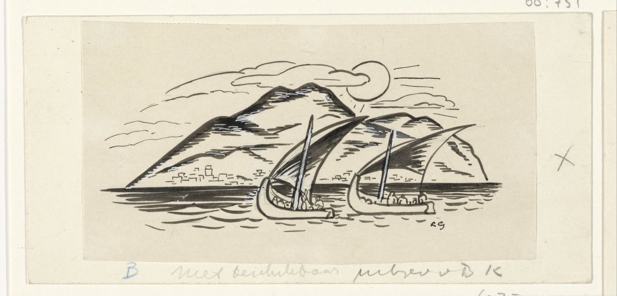 Dwa żaglowce przed wyspą z górami autorstwa Leo Gestel (signed by artist)