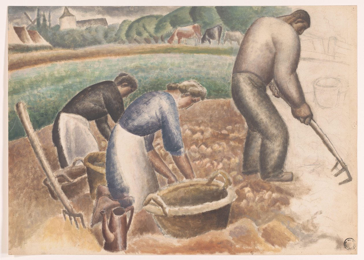 Kombajny ziemniaczane w polu autorstwa Leo Gestel