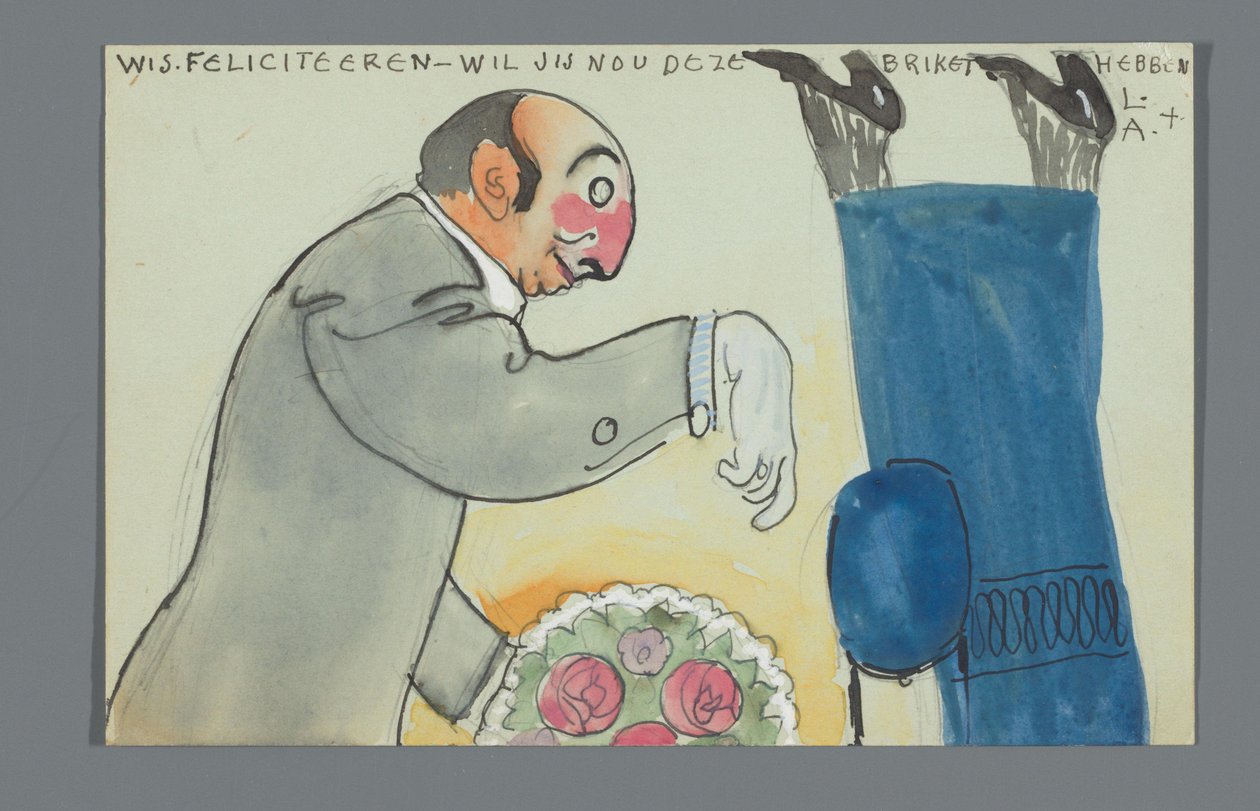 Postkarte mit einer Zeichnung des Unterkörpers von An Overtoom und Oberkörpers von Leo Gestel mit Blumenstrauß autorstwa Leo Gestel