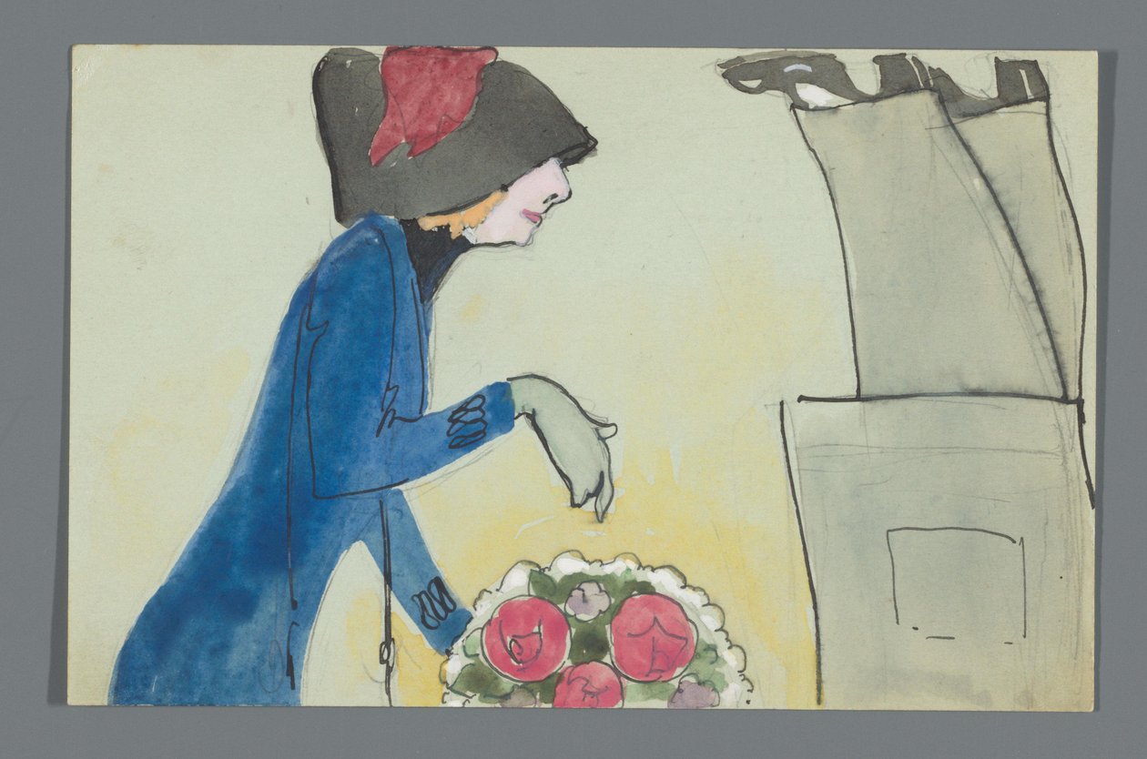 Postkarte mit einer Zeichnung des Unterkörpers von Leo Gestel und Oberkörpers von An Overtoom mit Blumenstrauß autorstwa Leo Gestel