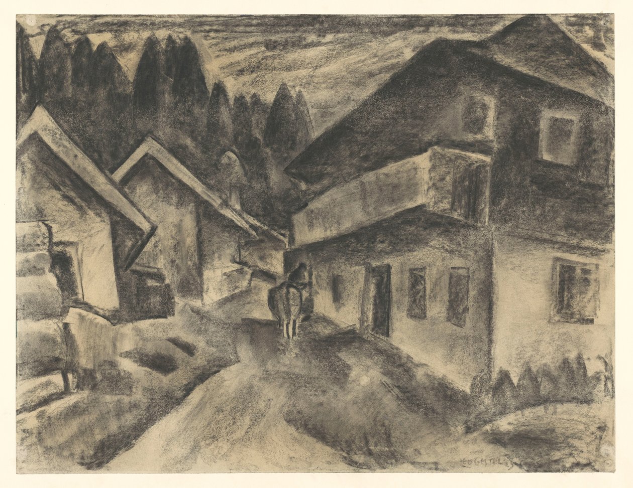 Widok na wieś z mężczyzną z krową na wiejskiej drodze autorstwa Leo Gestel