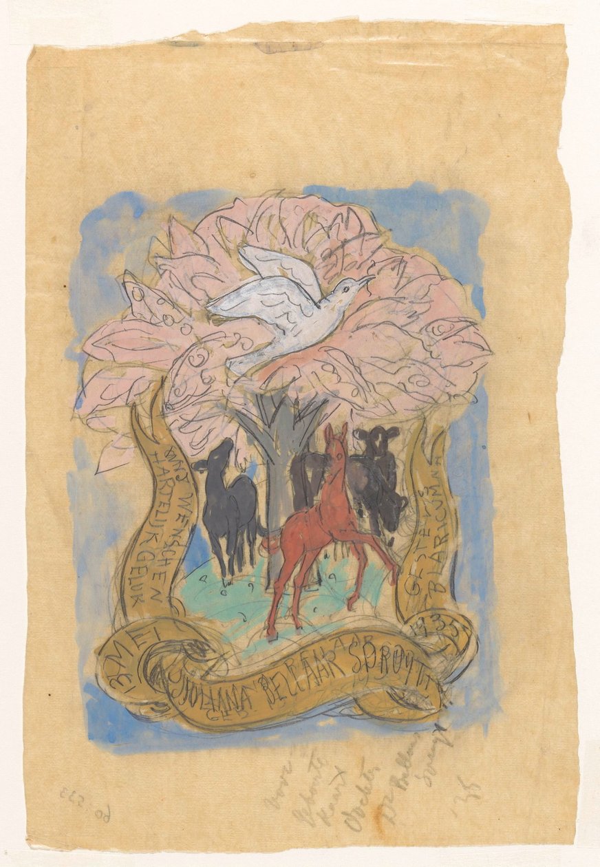 Rysunek projektowy z okazji narodzin Juliany Bellaar Spruyt autorstwa Leo Gestel