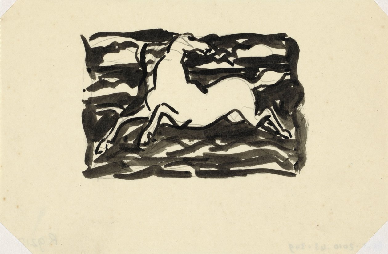 Koń skaczący z odwróconą głową w kadrze z falami w tle. Koń bez tytułu autorstwa Leo Gestel