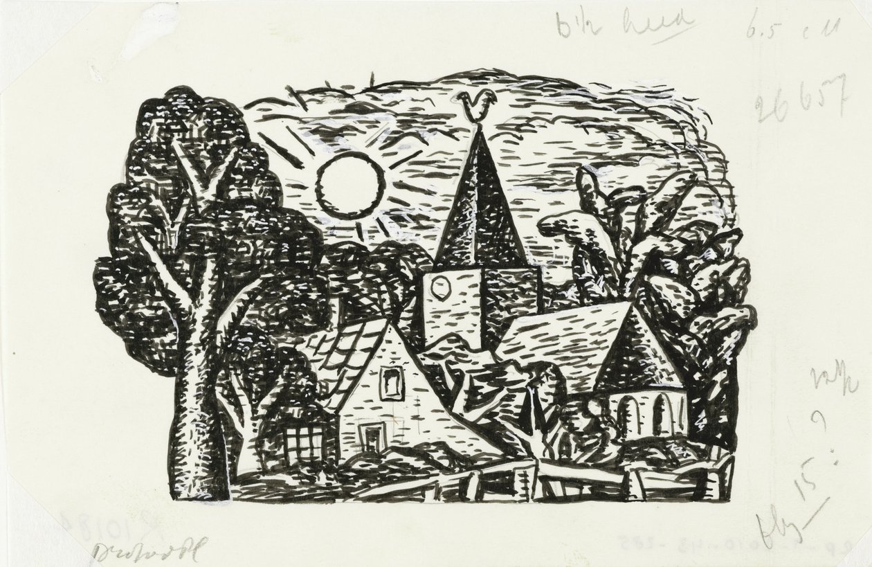 Winieta do biografii Gestel autorstwa prof. W. van der Pluym Bez tytułu (Widok wsi z kościołem i słońcem, winieta do biografii Gestel prof. W. van der Pluym) autorstwa Leo Gestel