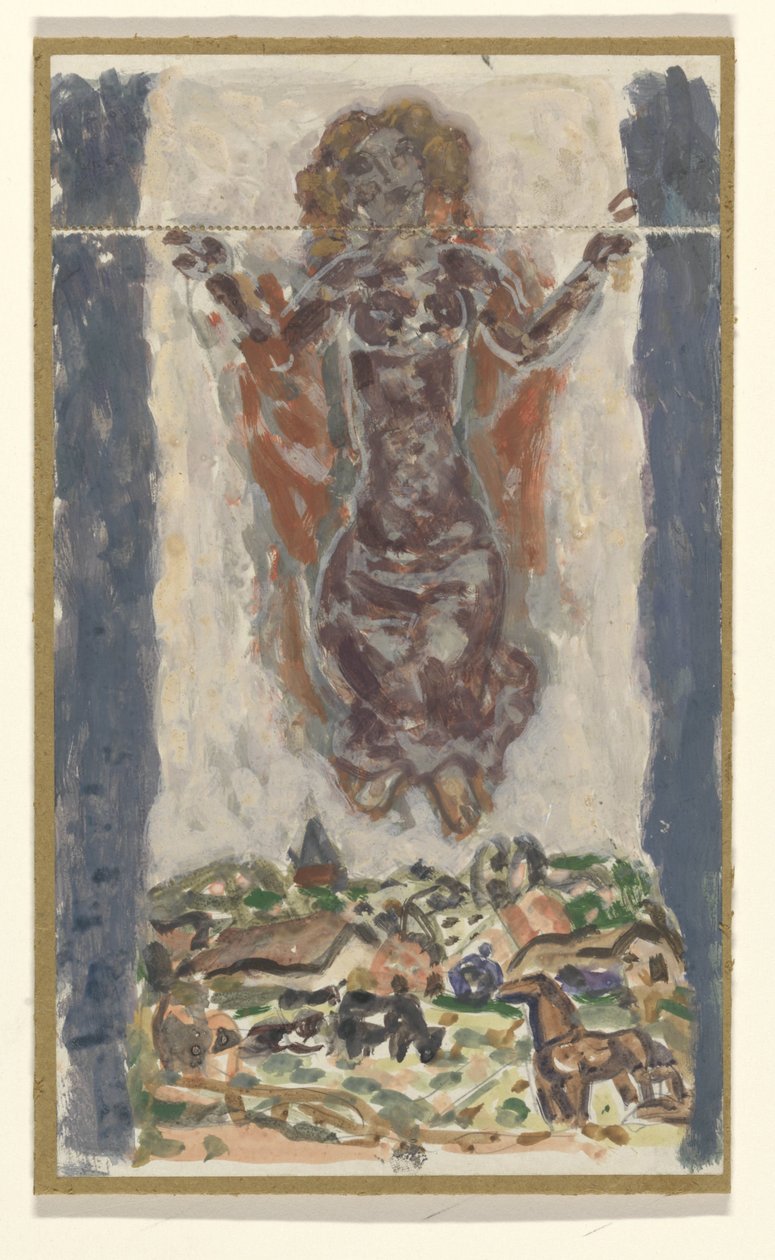 Kobieta z wyciągniętymi ramionami nad krajobrazem autorstwa Leo Gestel