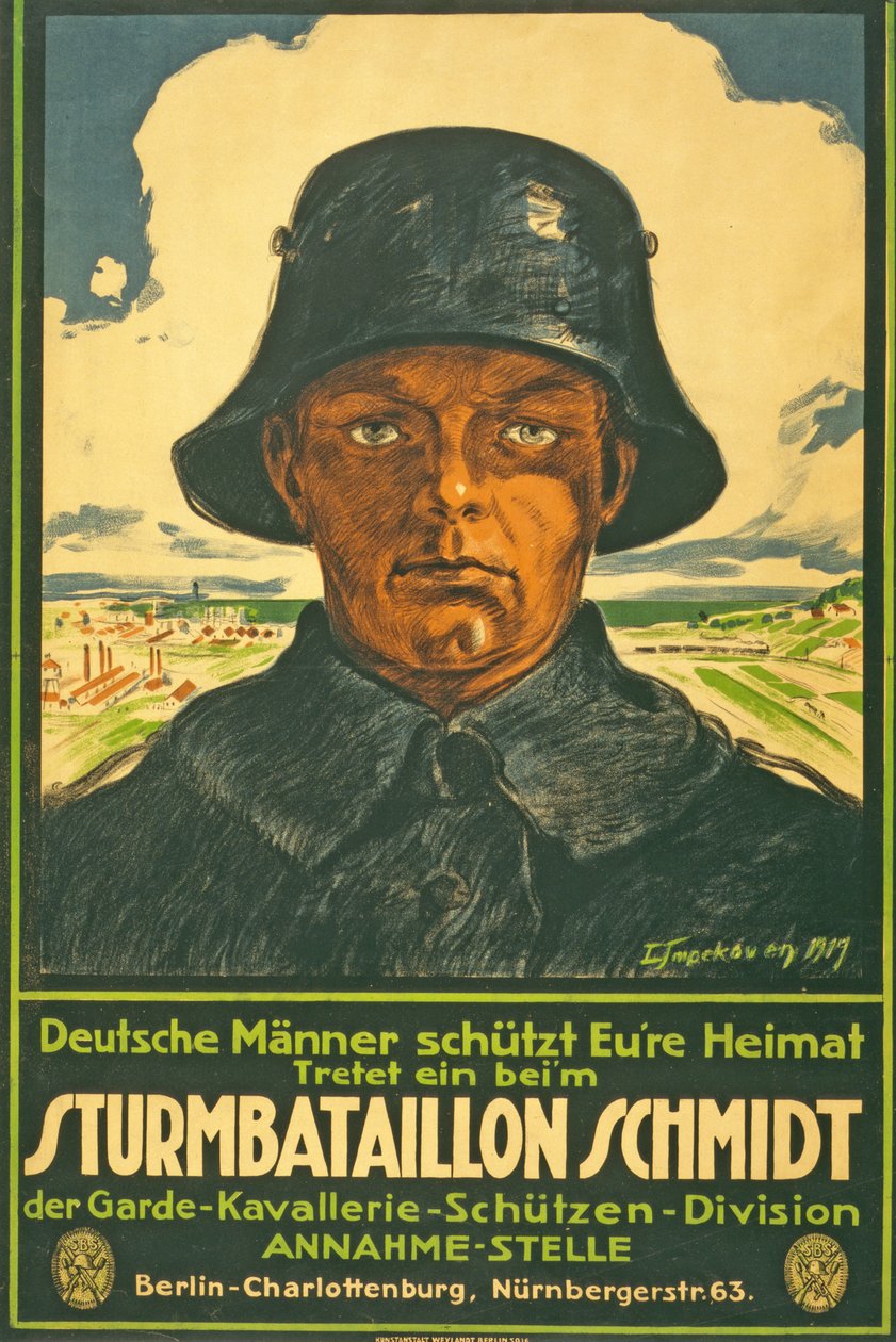 Batalion Szturmowy Schmidta; Niemieccy mężczyźni wlewają twoją ojczyznę! Wejdź do… pubu. Berlin, 1917 r. autorstwa Leo Impekoven