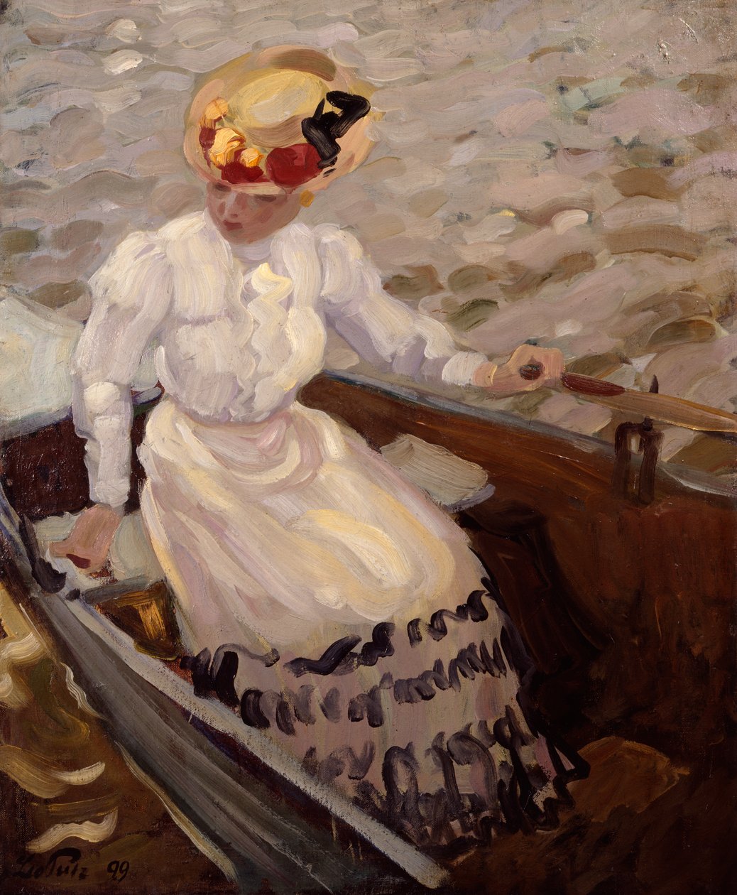 Elegancka dama w łodzi wiosłowej (olej na płótnie) autorstwa Leo Putz