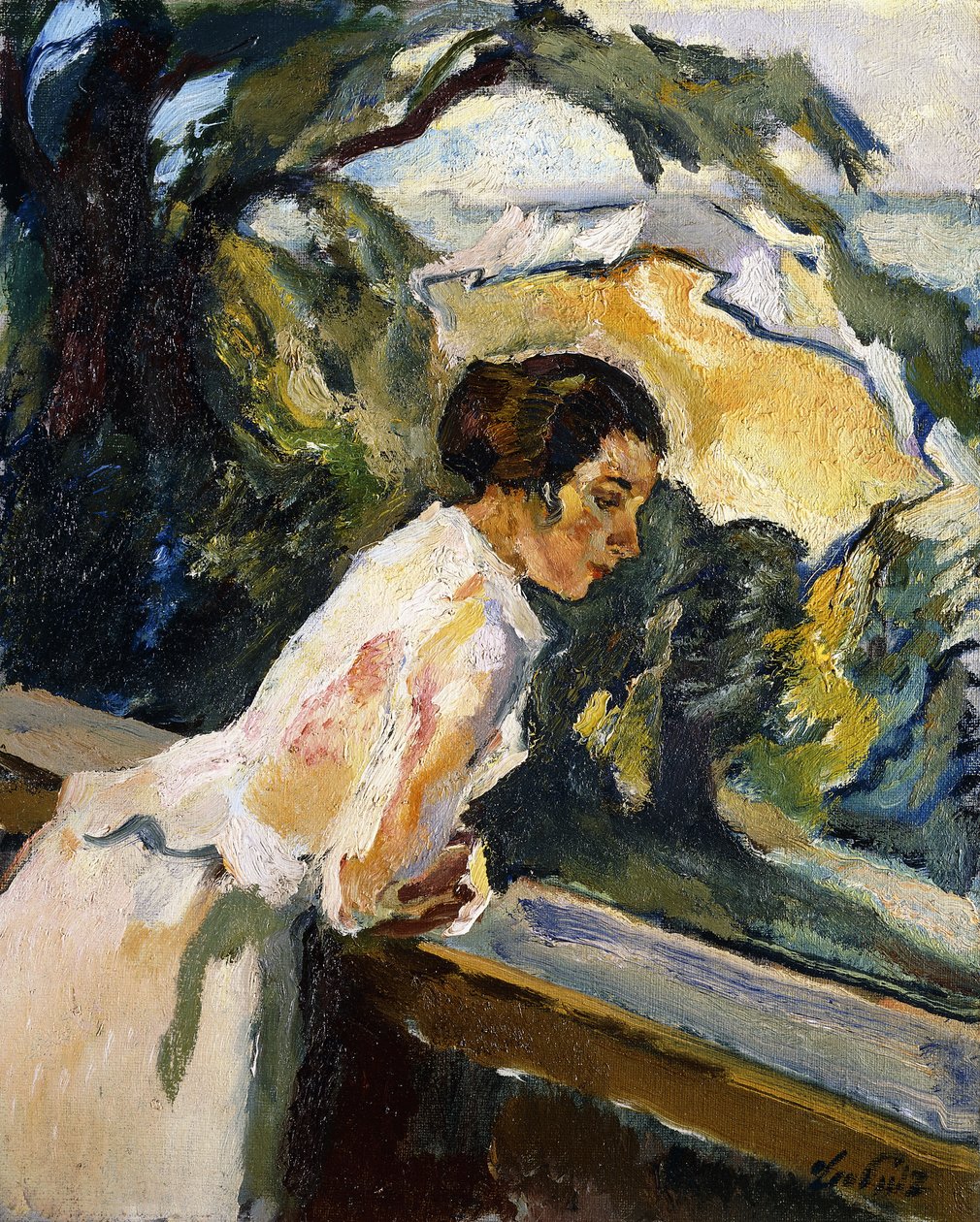 Frieda, żona artysty, pochylona przez balkon, ok. 1919-1922 (olej na płótnie) autorstwa Leo Putz