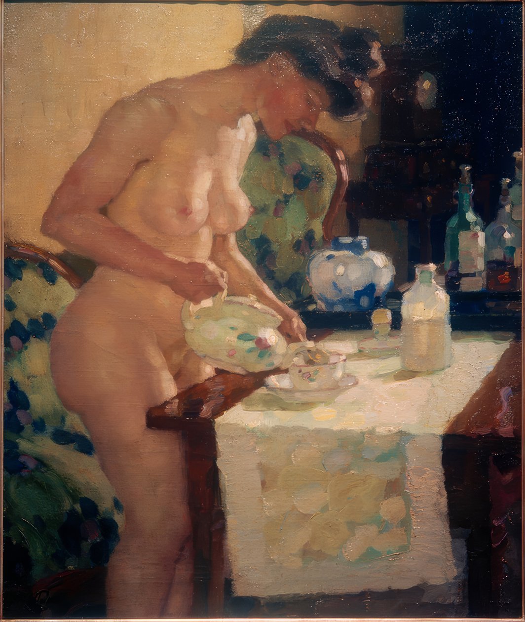 Modelka przy stoliku do herbaty autorstwa Leo Putz