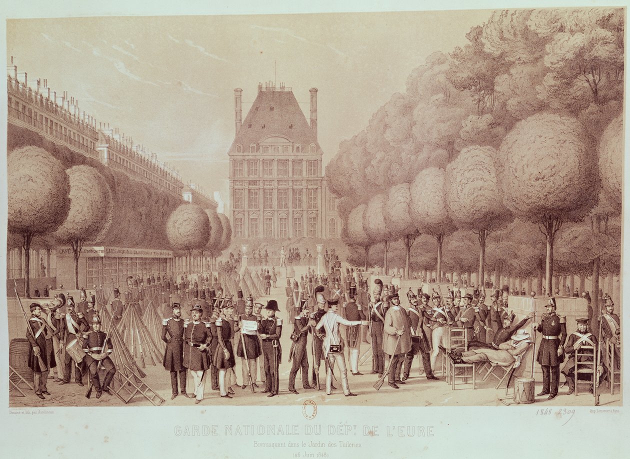 Gwardia Narodowa z Eure obozowała w ogrodzie Tuileries, 26 czerwca 1848 r. autorstwa Leon Auguste Asselineau