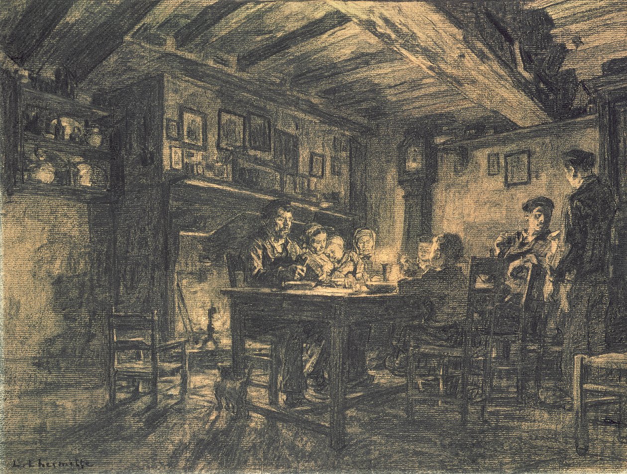 Kolacja rodzinna wieczorem, 1883 (węgiel na papierze) autorstwa Leon Augustin Lhermitte