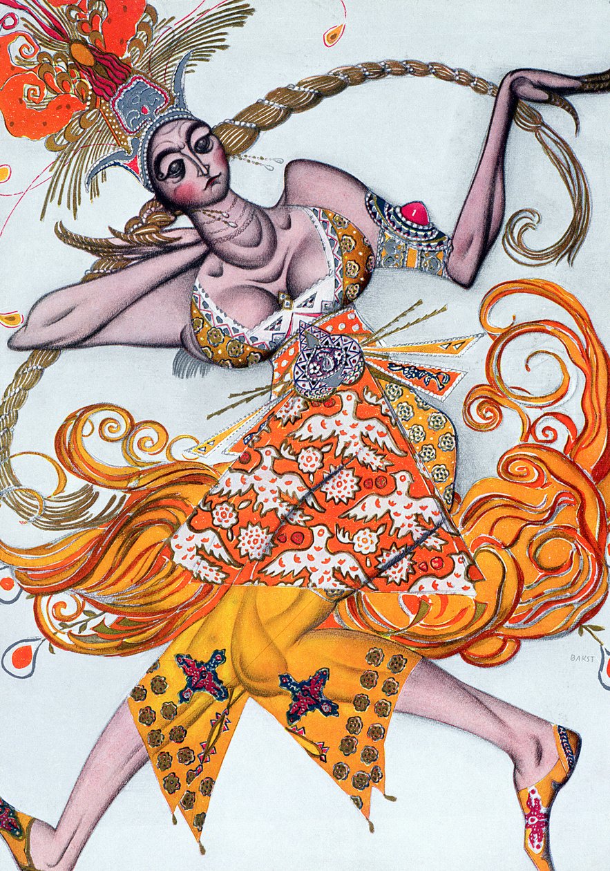 Projekt kostiumu do pas de deux zatańczonego na gali otwarcia baletu Diagilewa w 1909 r. autorstwa Leon Bakst