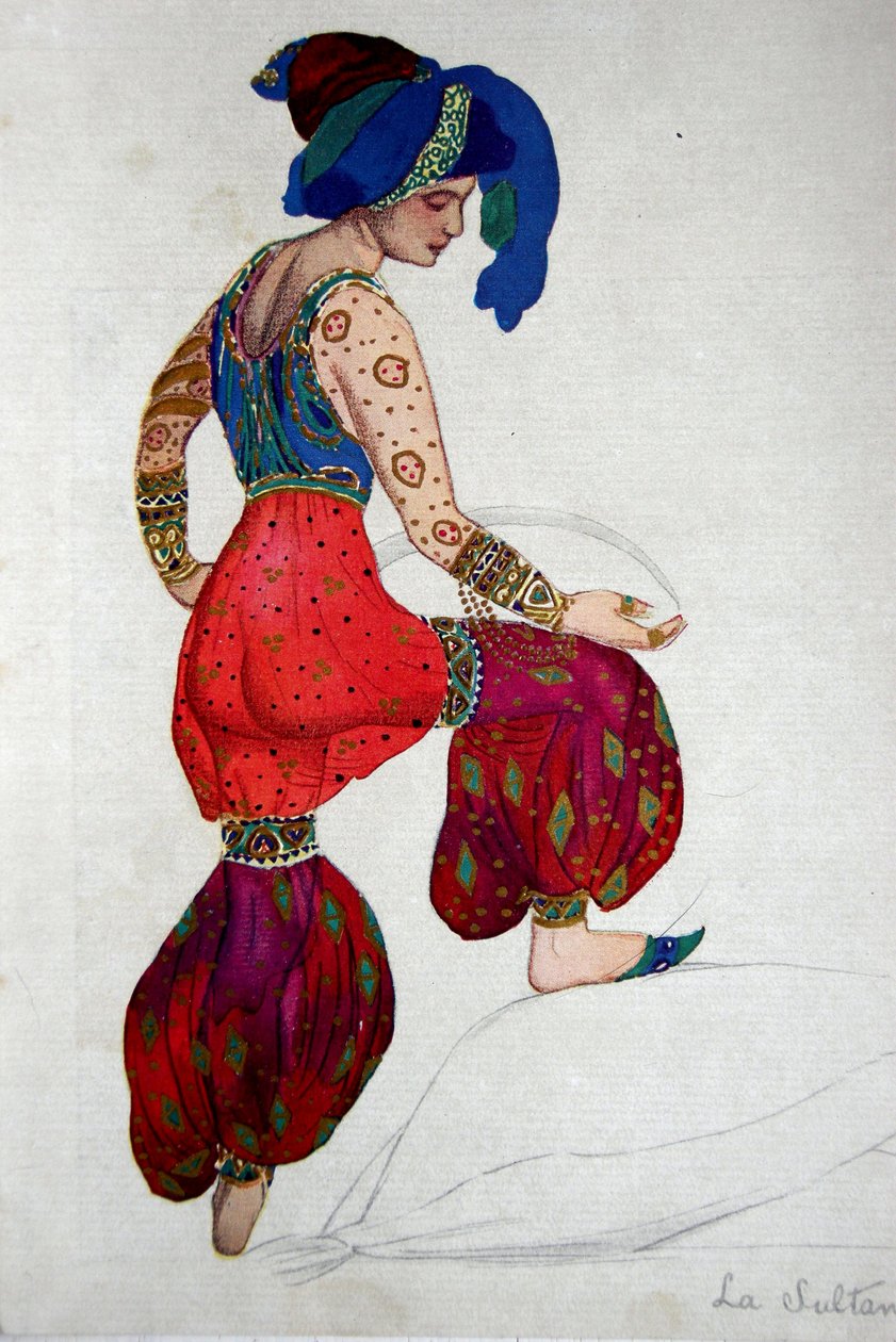 Projekt kostiumu dla Błękitnego Sułtana w „Szeherezadzie”, ok. 1910 r. autorstwa Leon Bakst