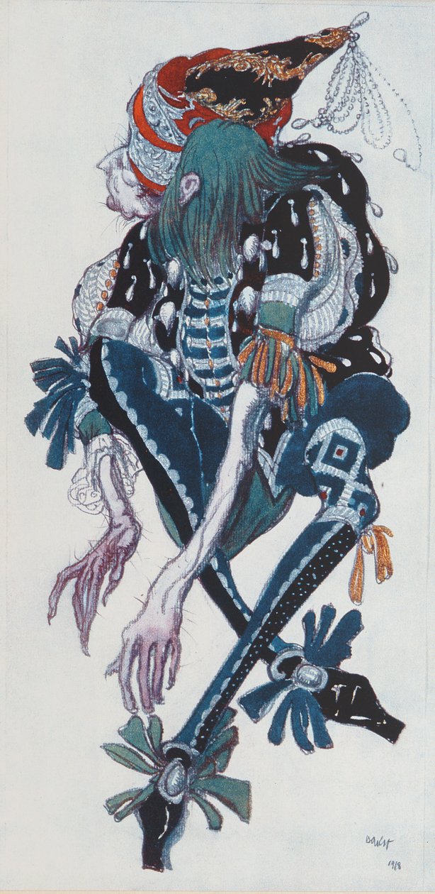 Projekt kostiumu dla chłopca na posyłki złej wróżki Carabosse, z filmu Śpiąca królewna, 1918 autorstwa Leon Bakst