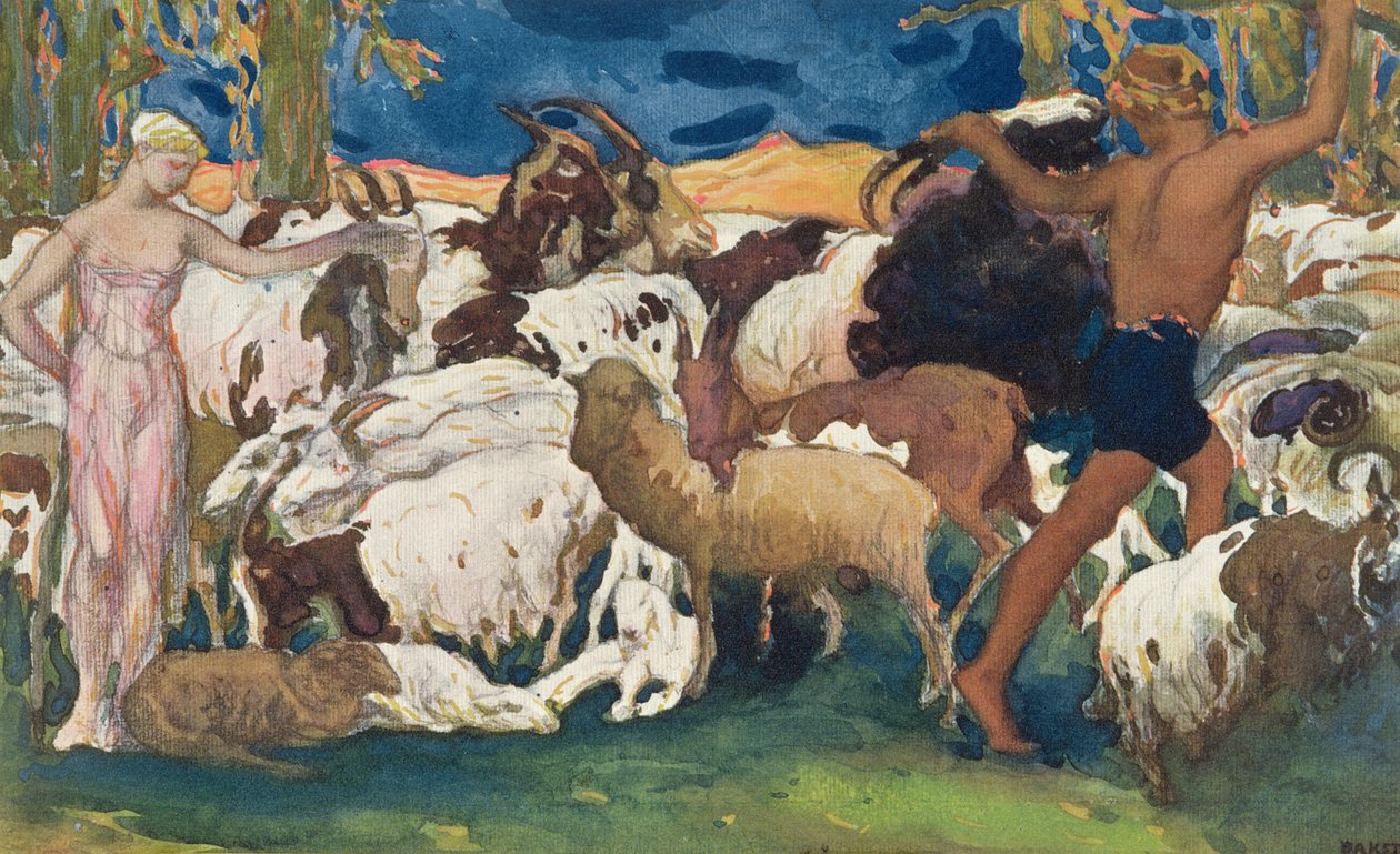 Daphnis i Chloe licytują się na dobranoc, projekt panelu dekoracyjnego, z Daphnis i Chloe, ok. 1912 autorstwa Leon Bakst