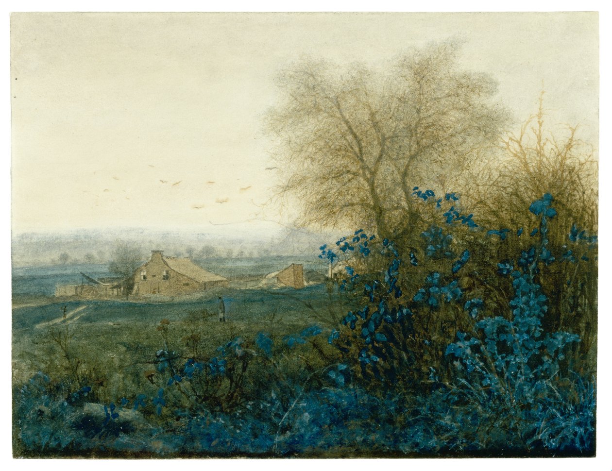 Фермийн байшин ба тариачны ландшафт, 1865 он (WC нь гуашь, үзэг, цаасан дээр бүдүүрсэн бал чулуун дээр сепиа өнгөтэй бэхээр дээшлүүлсэн) поли autorstwa Léon Bonvin