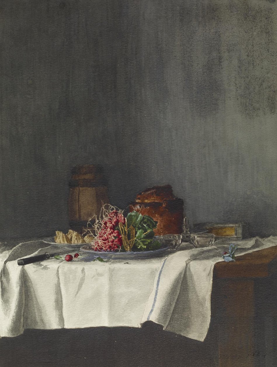 Martwa natura z rzodkiewkami i pasztetem, 1864 (pióro i tusz, ołówek i wc na papierze) autorstwa Léon Bonvin