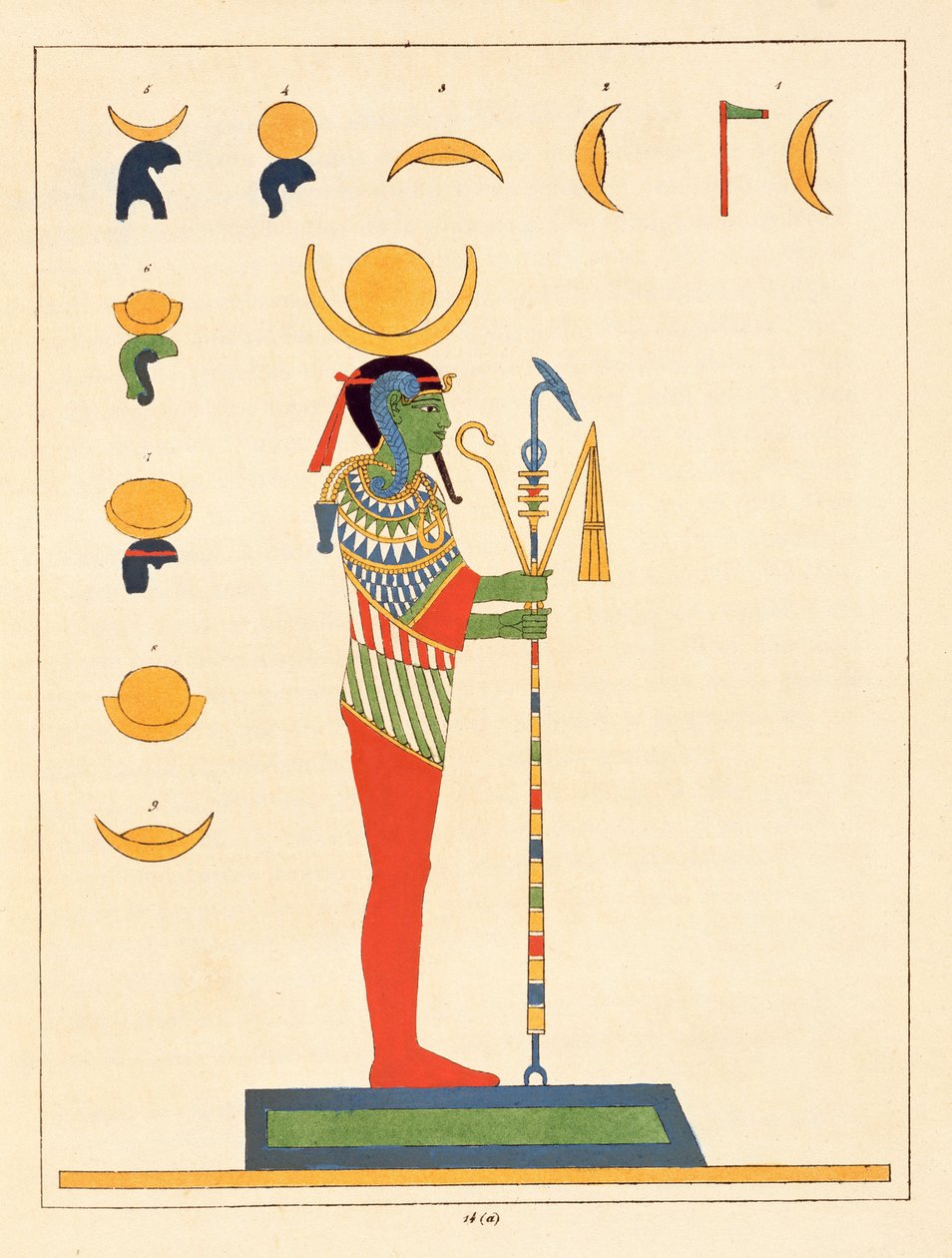 Bóg Chonsu, ilustracja z egipskiego Panteonu: zbiór mitologicznych postaci ze starożytnego Egiptu autorstwa Jean-Francois Champollion, opublikowany w latach 1823-25 autorstwa Leon Jean Joseph Dubois