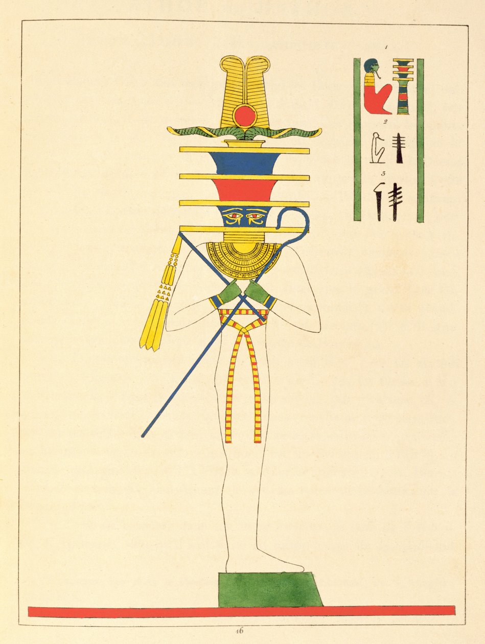 Bóg Ptah, ilustracja z egipskiego Panteonu: zbiór mitologicznych postaci ze starożytnego Egiptu autorstwa Jean-Francois Champollion, opublikowany w latach 1823-25 autorstwa Leon Jean Joseph Dubois
