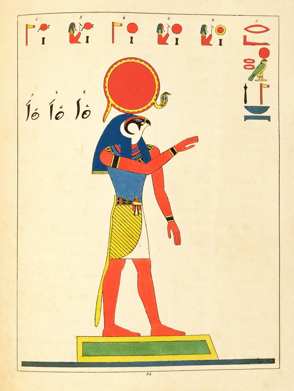 Bóg Re, ilustracja z egipskiego Panteonu: zbiór mitologicznych postaci ze starożytnego Egiptu autorstwa Jean-Francois Champollion, publikacja 1823-25 autorstwa Leon Jean Joseph Dubois