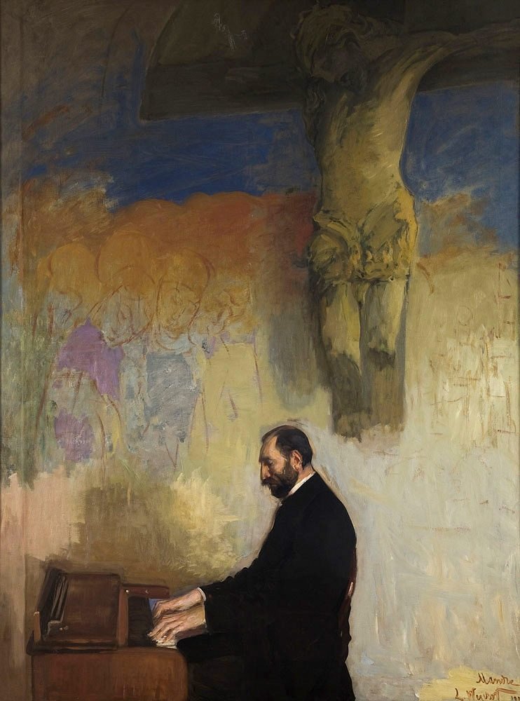 Portret Feliksa Jasienskiego przy organach.n autorstwa Leon Wyczokowski