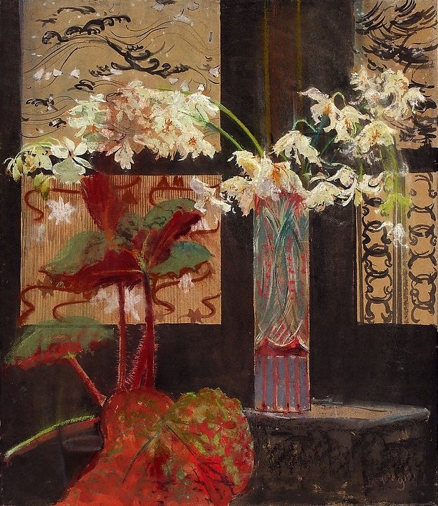 Białe storczyki i begonia. autorstwa Leon Wyczokowski