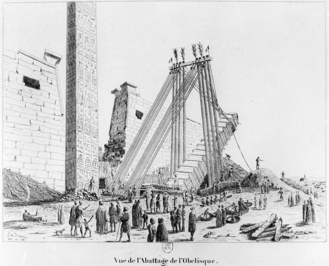 Zburzenie obelisku ze Świątyni Luksorskiej, z Campagne Pittoresque de Luxor, 1835 autorstwa Leon de Joannis