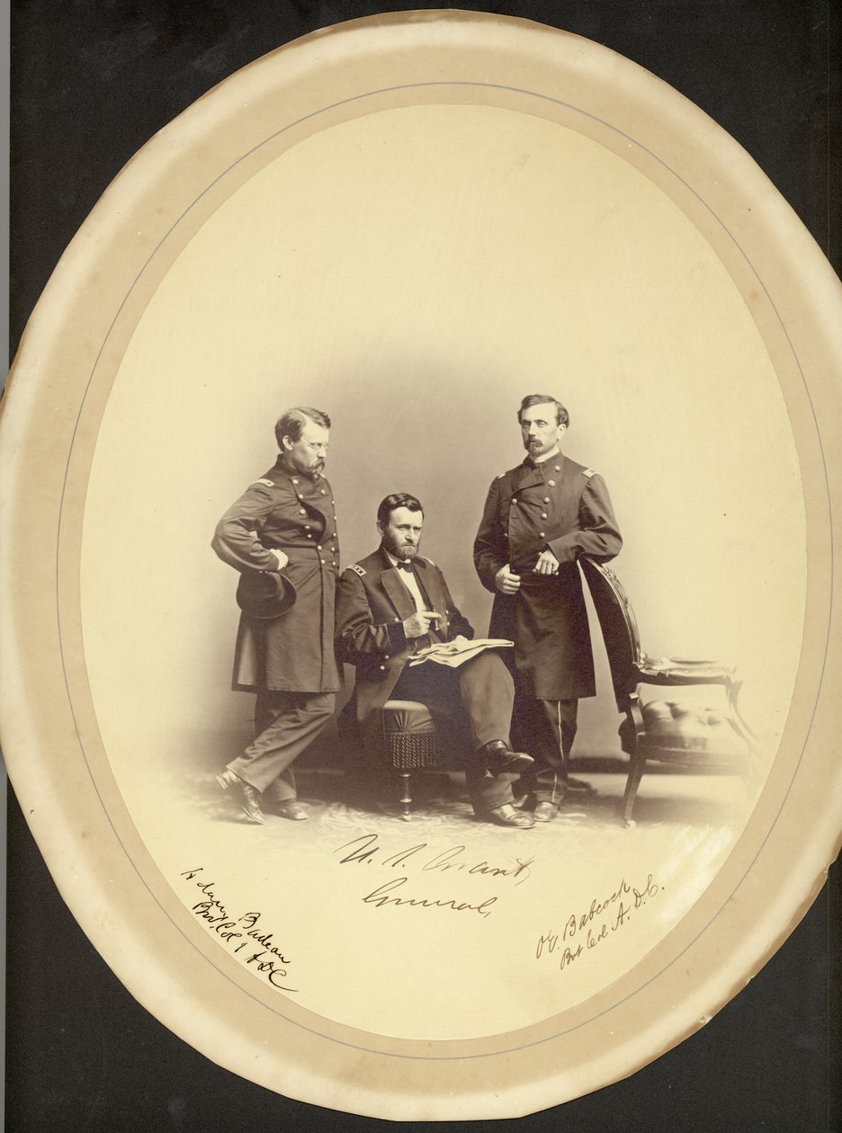Generał porucznik Ulysses S. Grant, Bvt. płk Adam Budeau i Bvt. płk O.E. Babcock. autorstwa Leon van Loo