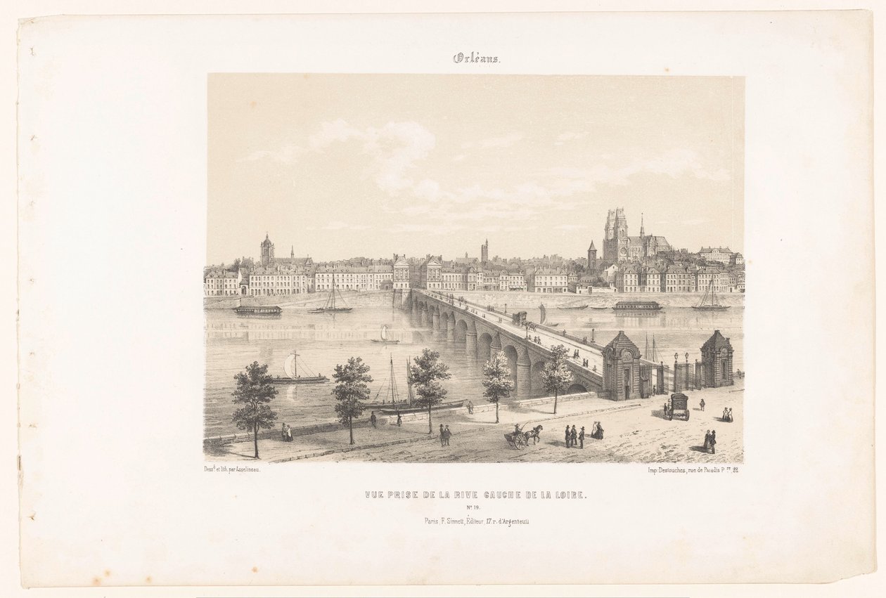 Widok Orleanu z lewego brzegu Loary Orlean. Vue prize de la rive gauche de la Loire (tytuł na obiekcie) Współczesna Francja (tytuł serii) La France de nos jours (tytuł serii na obiekcie) autorstwa Leon Auguste Asselineau