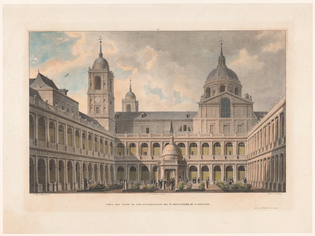 Zicht op de Courtyard of the Evangelists van het Klasztor San Lorenzo de El Escorial Widok na Dziedziniec Ewangelistów Klasztoru R. S. Lorenzo (tytuł na obiekcie) autorstwa Leon Auguste Asselineau
