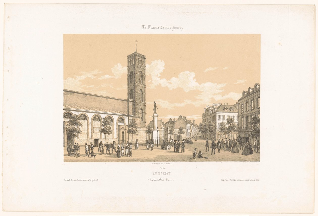 Widok na Place Bisson w Lorient lorient. Vue de la place Bisson (tytuł na obiekcie) Współczesna Francja (tytuł serii) La France de nos jours (tytuł serii na obiekcie) autorstwa Leon Auguste Asselineau