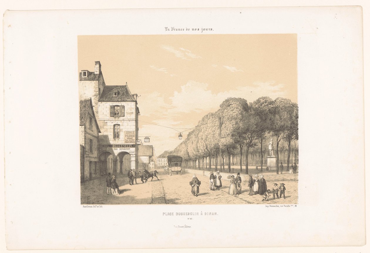 Pociąg do Place Du Guesclin w Dinan Place Duguesclin à Dinan (tytuł na obiekcie) Dzisiejsza Francja (tytuł serii) La France de nos jours (tytuł serii na obiekcie) autorstwa Leon Auguste Asselineau