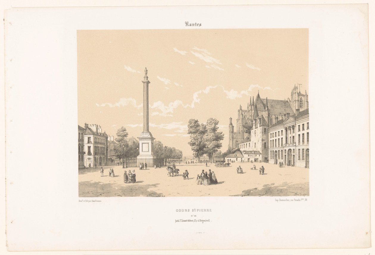 Widok na Place Maréchal-Foch i Cours Saint-Pierre w Nantes Nantes. Cours St. Pierre (tytuł na obiekcie) Współczesna Francja (tytuł serii) La France de nos jours (tytuł serii) autorstwa Leon Auguste Asselineau