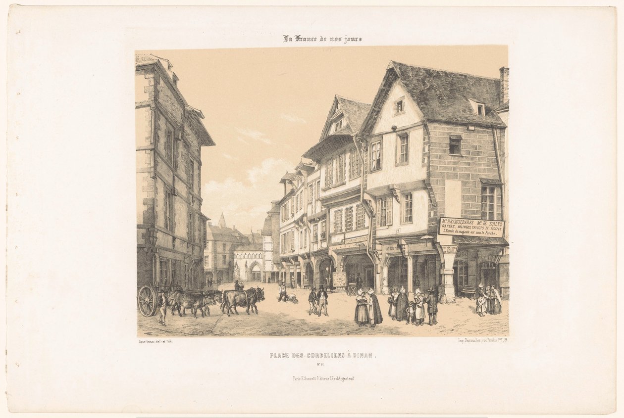 Widok na Place des Cordeliers w Dinan Place des Cordeliers à Dinan (tytuł na obiekcie) Współczesna Francja (tytuł serii) La France de nos jours (tytuł serii na obiekcie) autorstwa Leon Auguste Asselineau