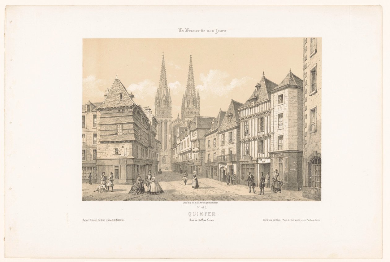 Widok na Rue Kéréon i katedrę w Quimper Quimper. Vue de la rue Kerion (tytuł na obiekcie) Współczesna Francja (tytuł serii) La France de nos jours (tytuł serii na obiekcie) autorstwa Leon Auguste Asselineau