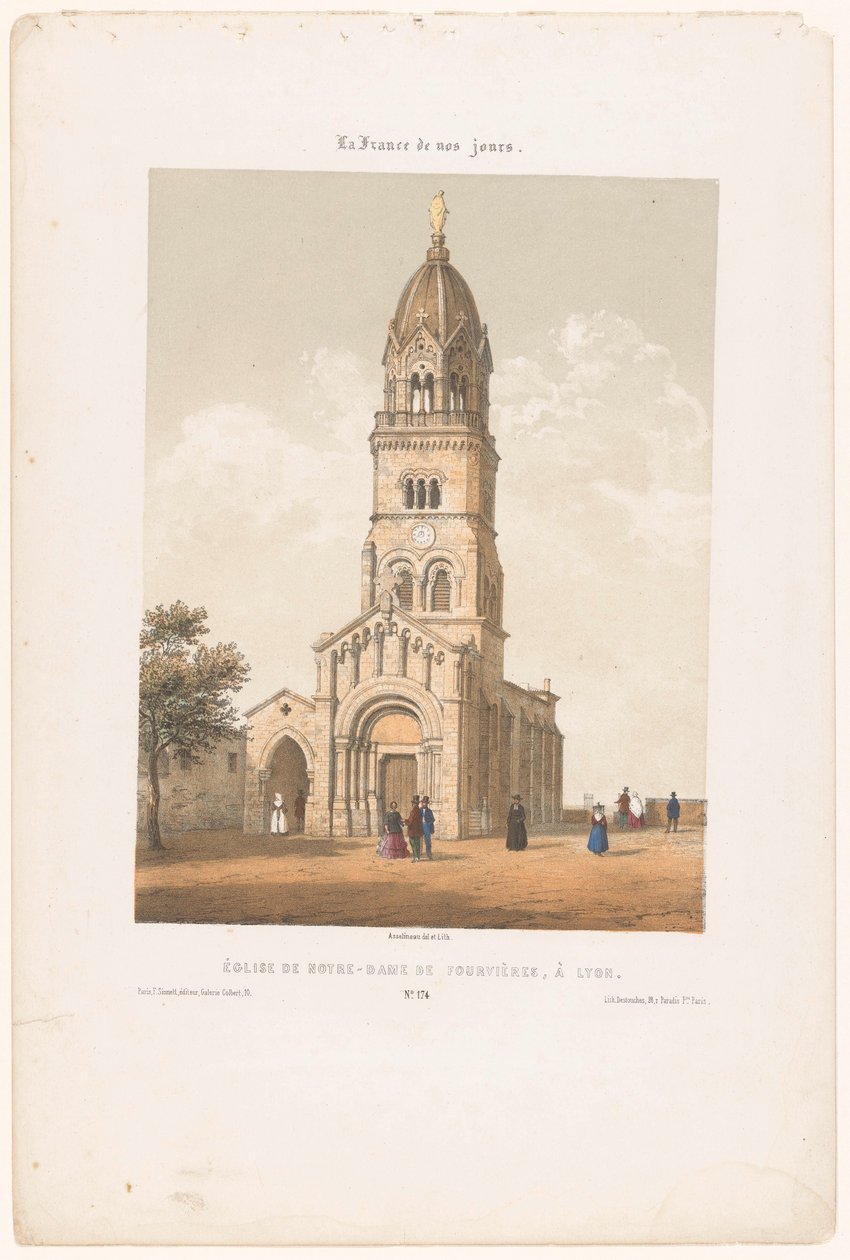Zicht op de basilica Notre-Dame de Fourvière w Lyonie Kościół Notre-Dame de Fourvières w Lyonie (tytuł na obiekcie) Hedendaags Frankrijk (tytuł serii) Francja dzisiaj (tytuł serii na obiekcie) autorstwa Leon Auguste Asselineau