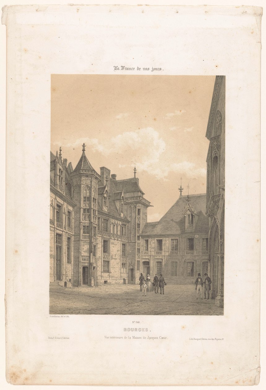 Widok na dziedziniec Palais Jacques-Coeur w Bourges Bourges. Vue interior de la maison de Jacques Coeur (tytuł obiektu) Współczesna Francja (tytuł serii) La France de nos jours (tytuł serii na obiekcie) autorstwa Leon Auguste Asselineau