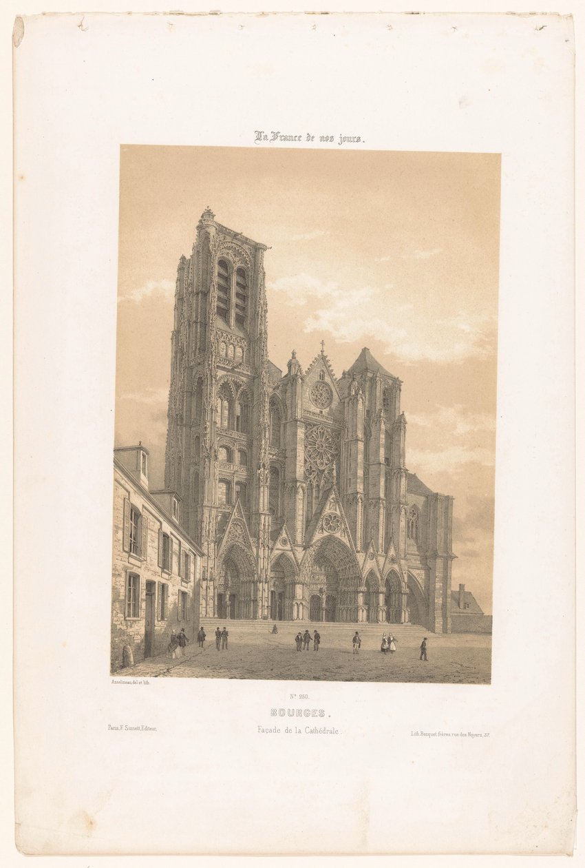 Widok fasady katedry w Bourges Bourges. Fasada de la cathédrale (tytuł na obiekcie) Współczesna Francja (tytuł serii) La France de nos jours (tytuł serii na obiekcie) autorstwa Leon Auguste Asselineau
