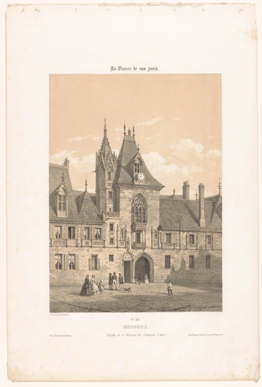 Widok fasady Palais Jacques-Coeur w Bourges Bourges. Façade de la maison de Jacques Coeur (tytuł obiektu) Współczesna Francja (tytuł serii) La France de nos jours (tytuł serii na obiekcie) autorstwa Leon Auguste Asselineau